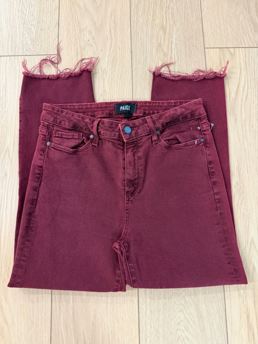 PAIGE Cropped Raw-Hem Jeans in Burgundy Wine